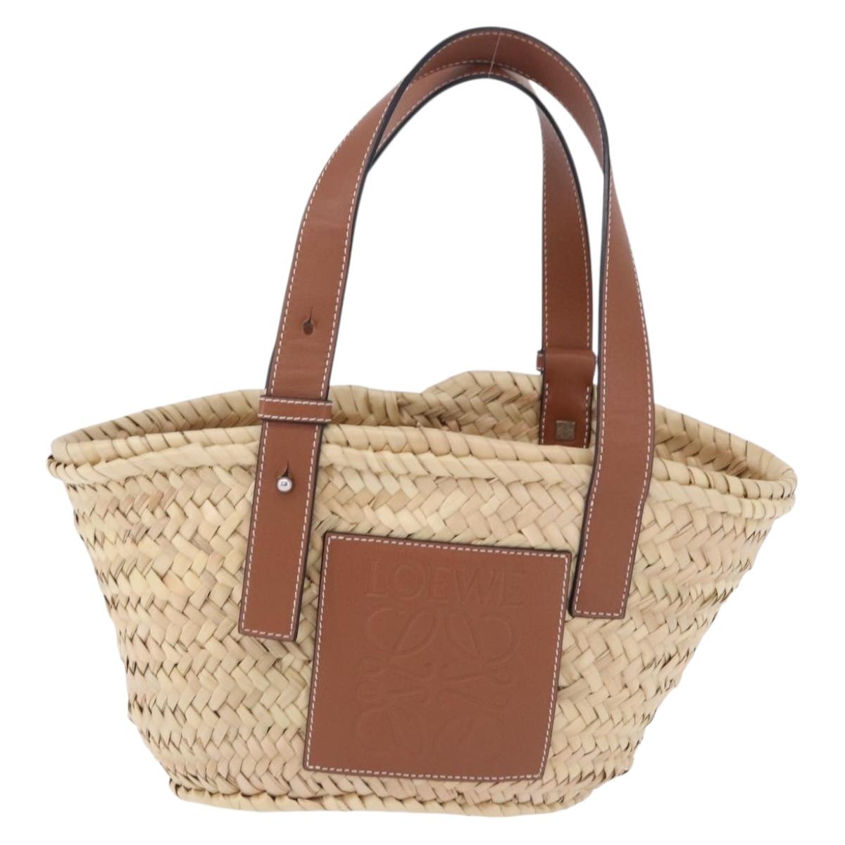 LOEWE Basket Bag Hand Bag Raffia Beige Silver Auth BA15075A