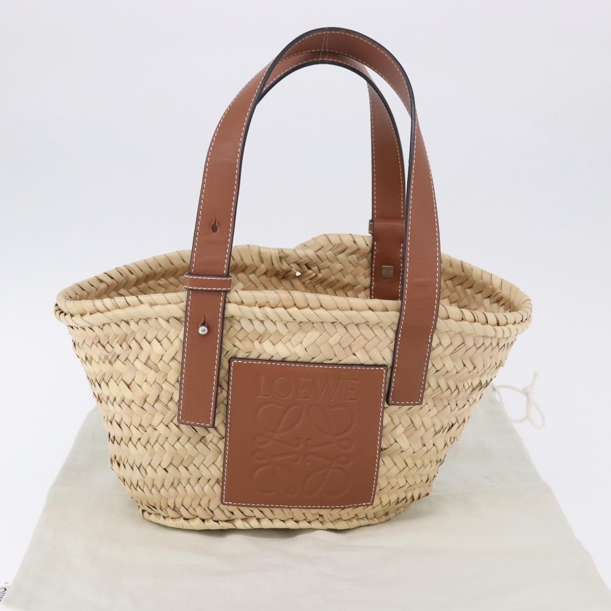 LOEWE Basket Bag Hand Bag Raffia Beige Silver Auth BA15075A