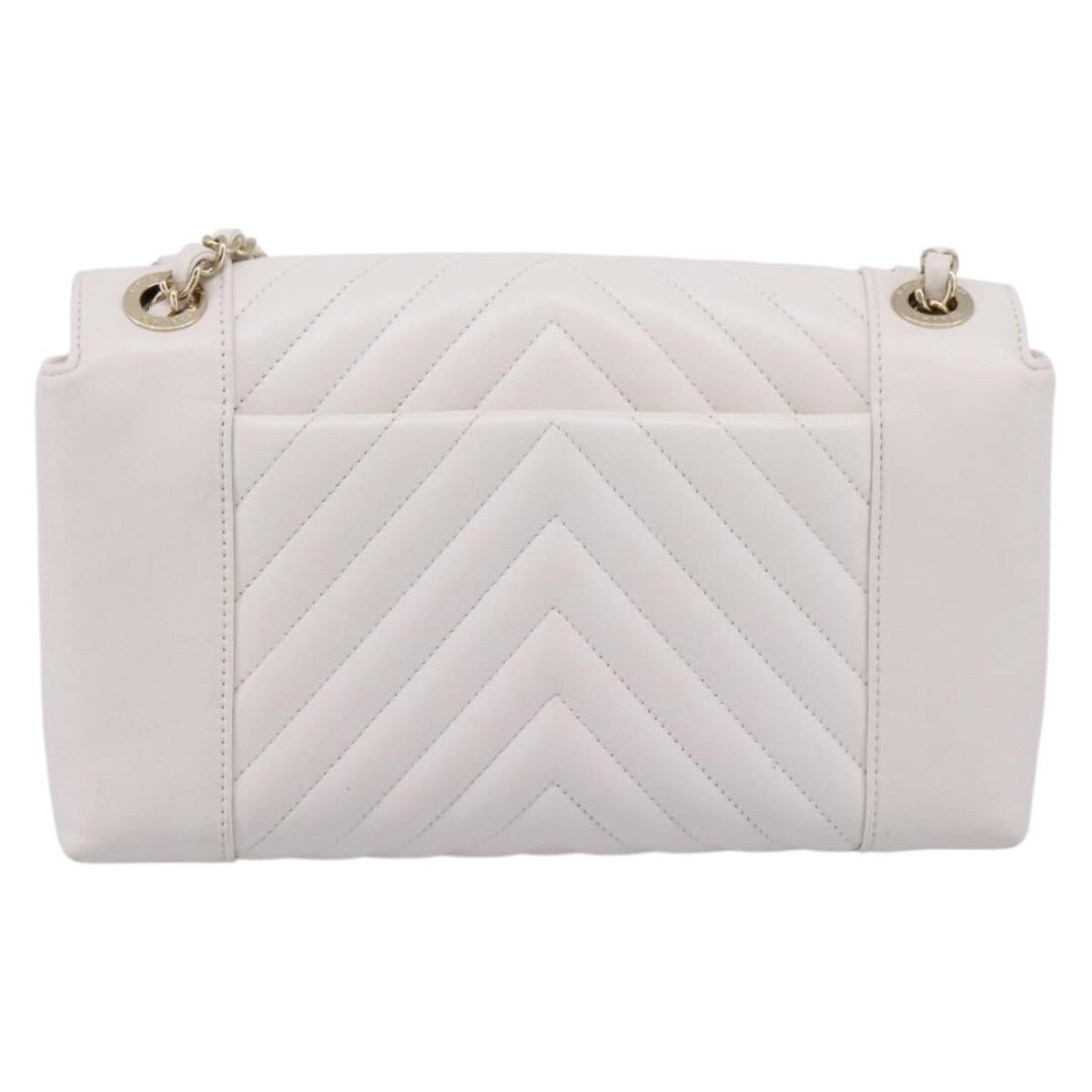 CHANEL V Stitch Chain Chevron Shoulder Bag Leather White Navy CC Auth BA15077SAM