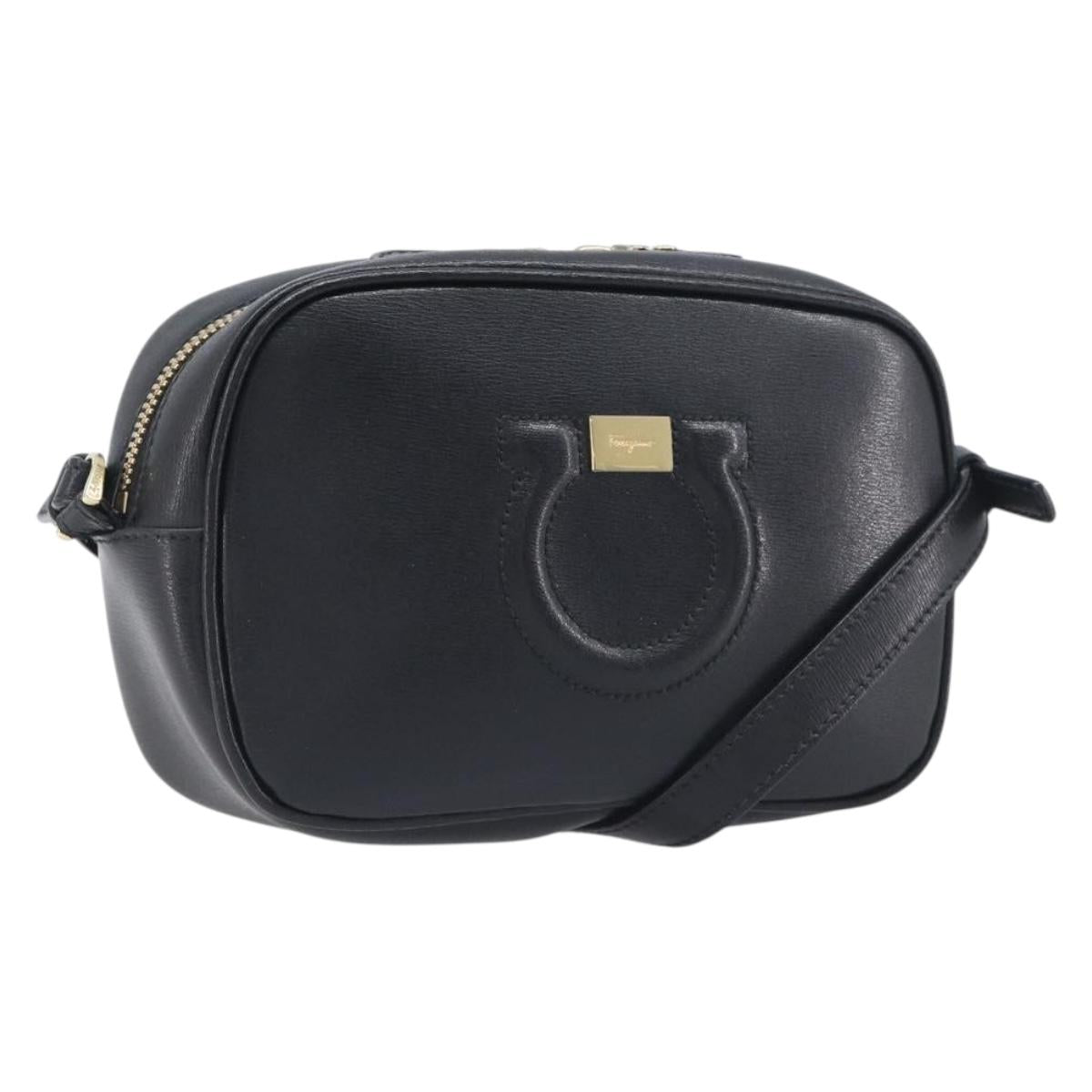 Salvatore Ferragamo Gancini Shoulder Bag Leather Black Gold Auth BA15079A