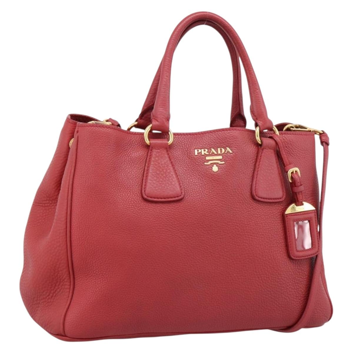 PRADA Hand Bag Vittero Dino Leather 2way Red Gold Auth BA15080V