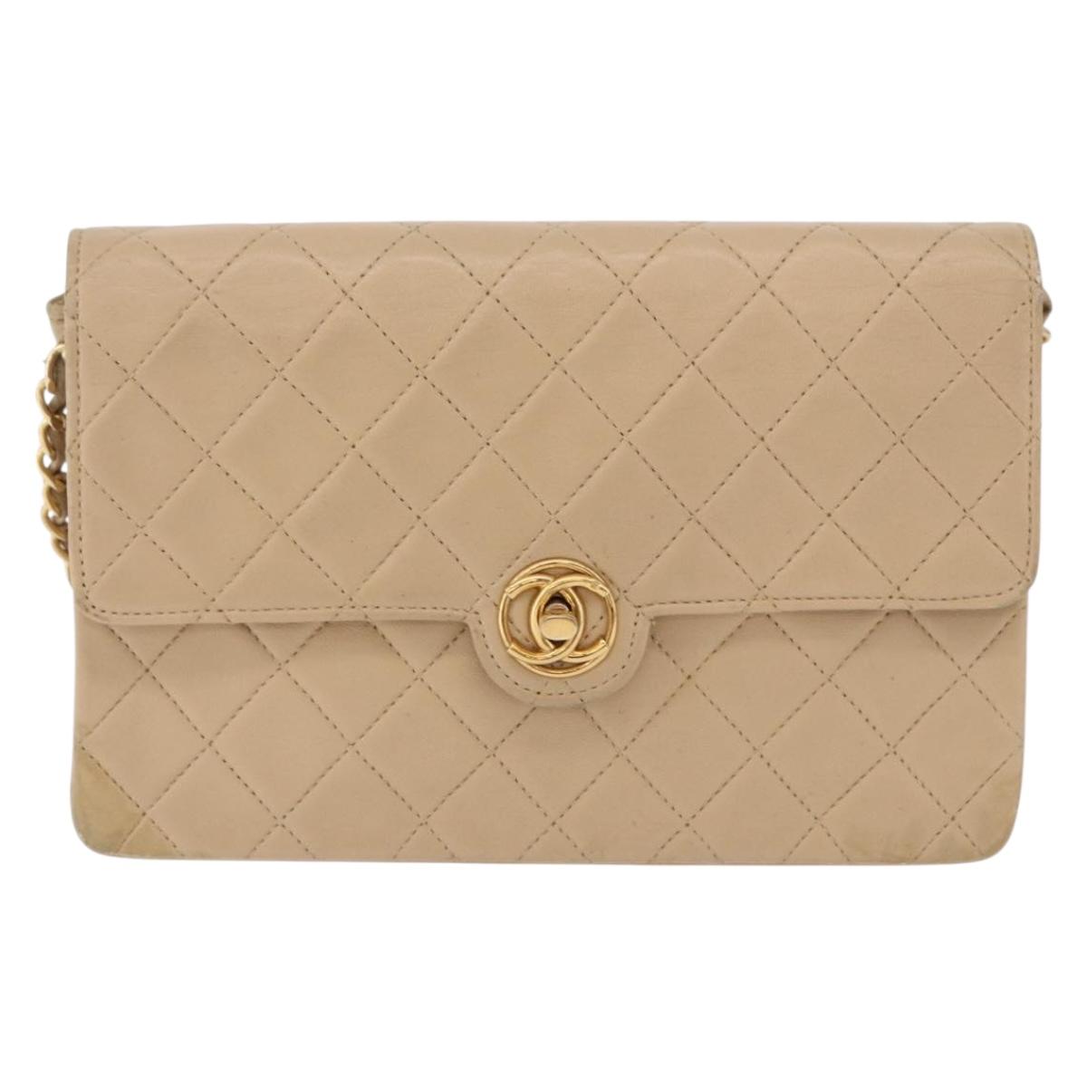 CHANEL Matelasse Chain Shoulder Bag Leather Beige Gold CC Auth BA15089A