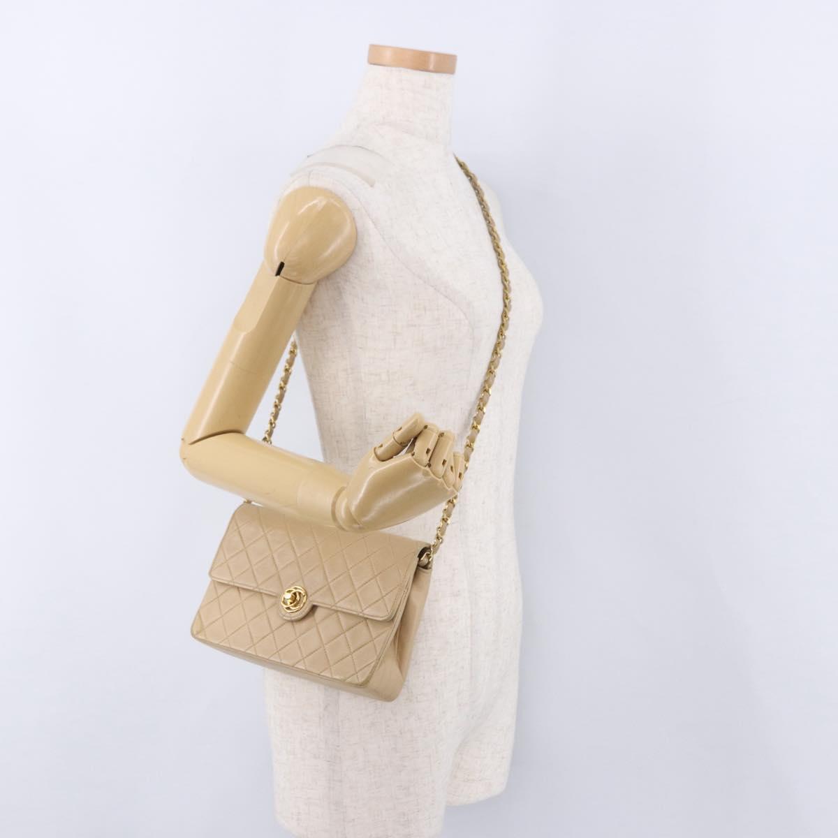 CHANEL Matelasse Chain Shoulder Bag Leather Beige Gold CC Auth BA15089A