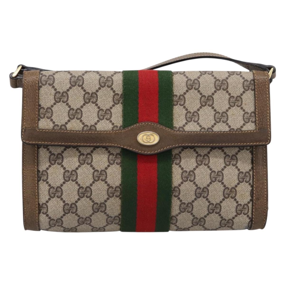 GUCCI GG Supreme Web Sherry Line Bag PVC Beige Gold 495 02 04 Auth BA15100