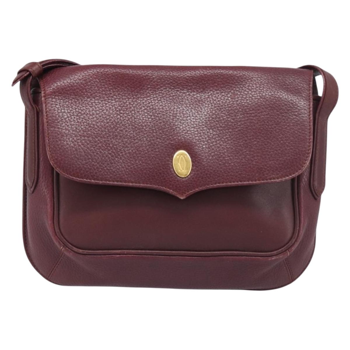CARTIER Must Line Shoulder Bag Leather Bordeaux Gold Auth BA15103