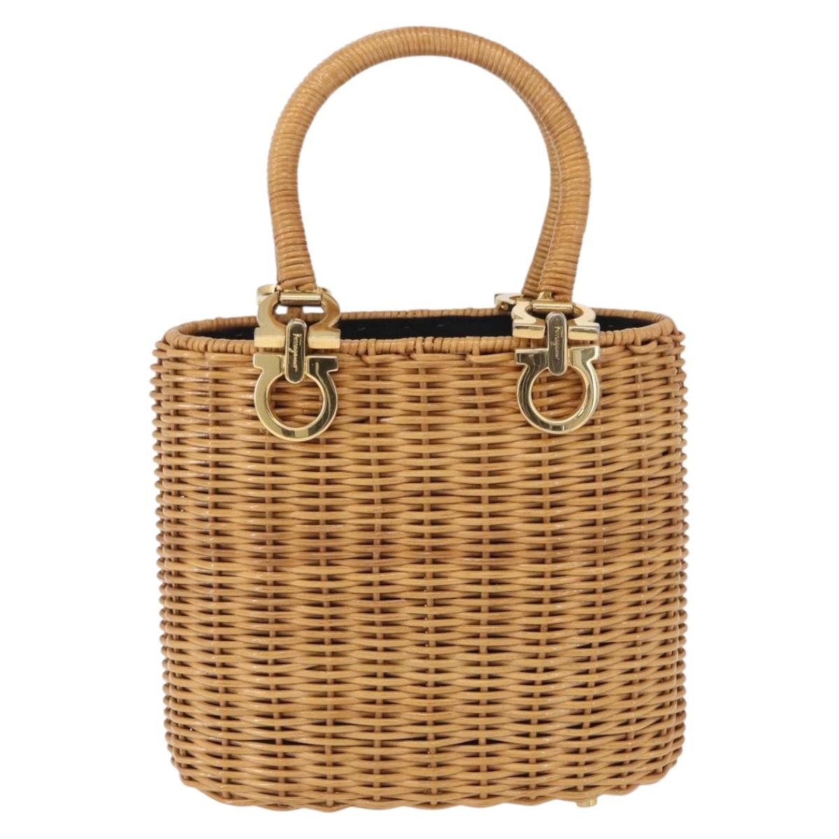 Salvatore Ferragamo Gancini Hand Bag Raffia Beige Gold Auth BA15106V