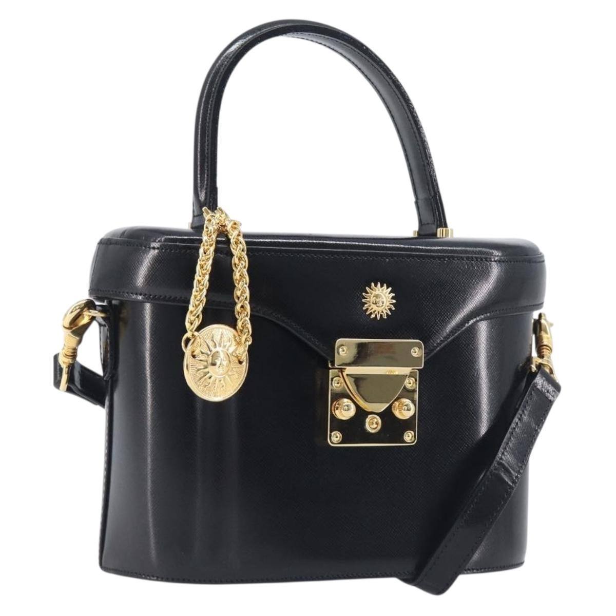 VERSACE Hand Bag Leather 2way Black Gold Auth BA15107A
