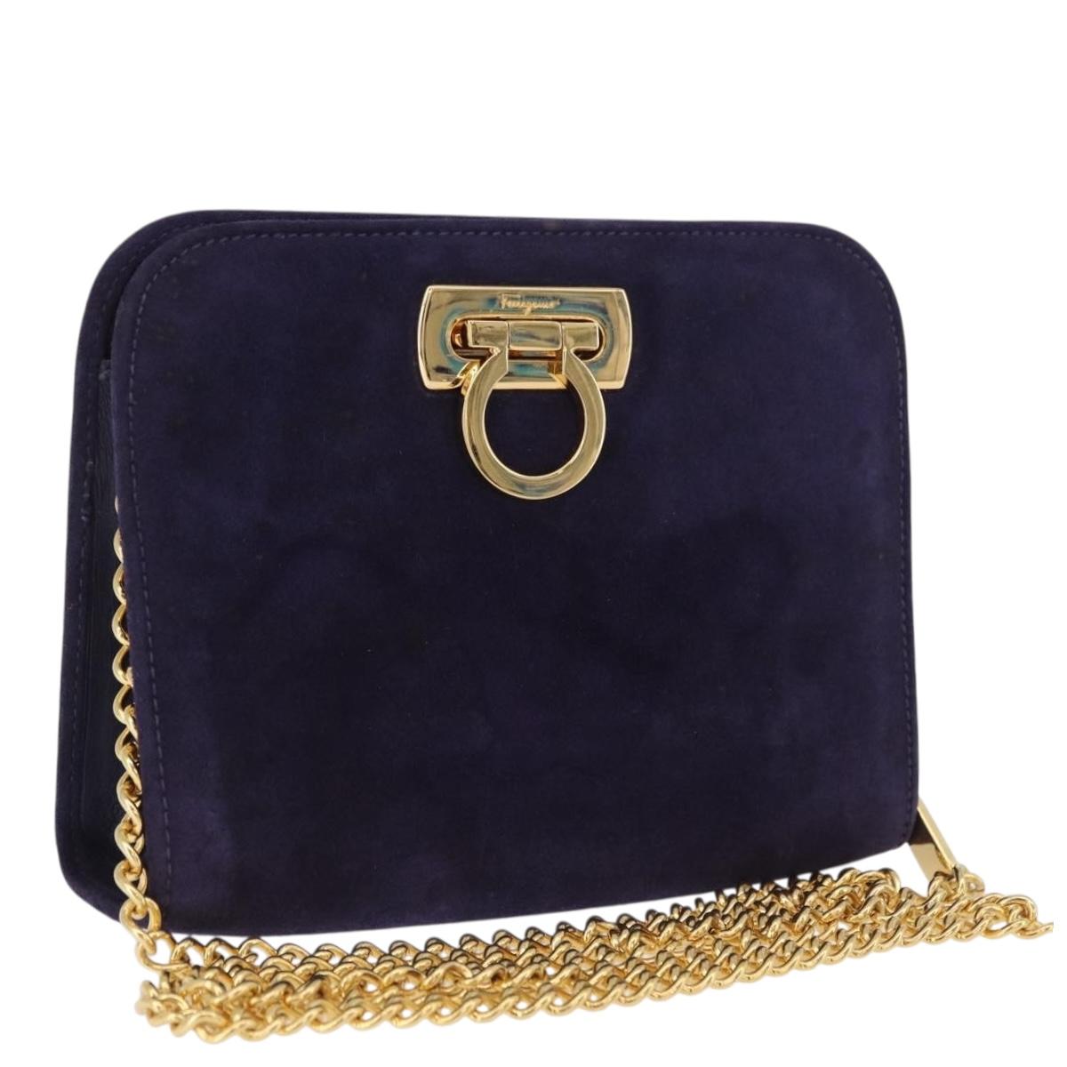 Salvatore Ferragamo Gancini Chain Shoulder Bag Suede Purple Gold Auth BA15108