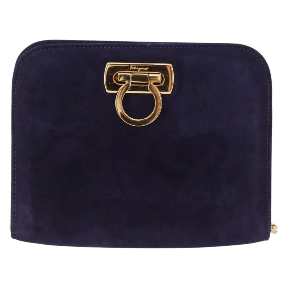 Salvatore Ferragamo Gancini Chain Shoulder Bag Suede Purple Gold Auth BA15108
