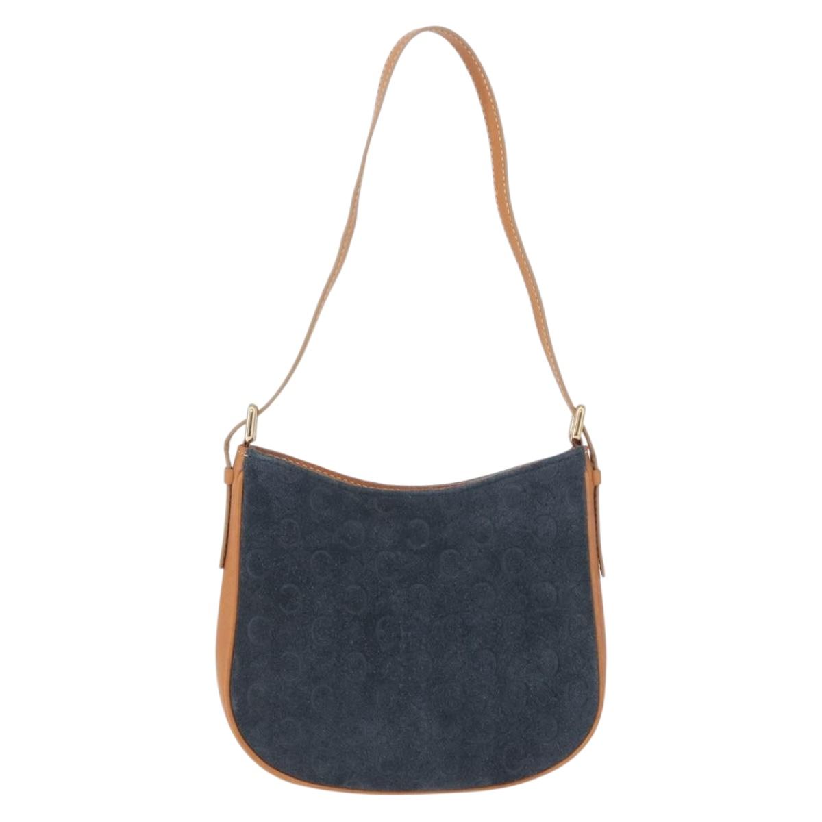 CELINE C Macadam Canvas Shoulder Bag Suede Blue Gold Auth BA15111A