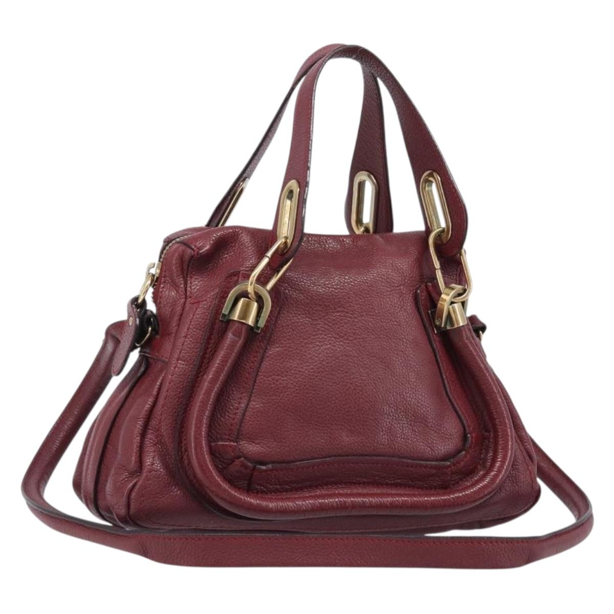 Chloe Paraty Hand Bag Leather 2way Bordeaux Gold Auth BA15119