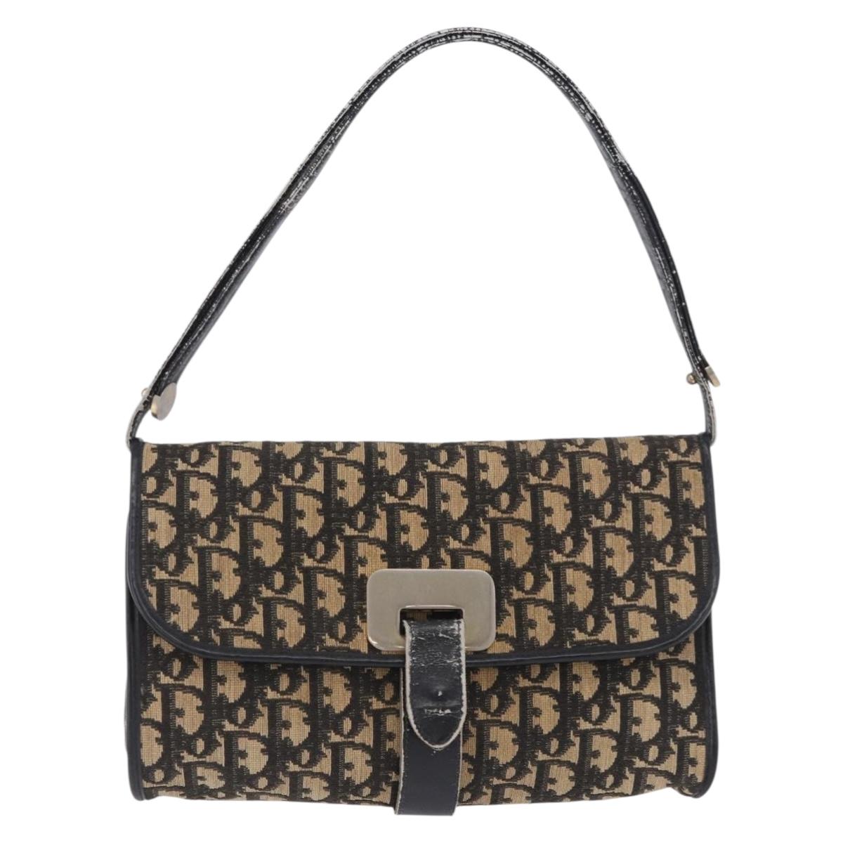 Christian Dior Trotter Canvas Shoulder Bag Navy Gold Auth BA15128