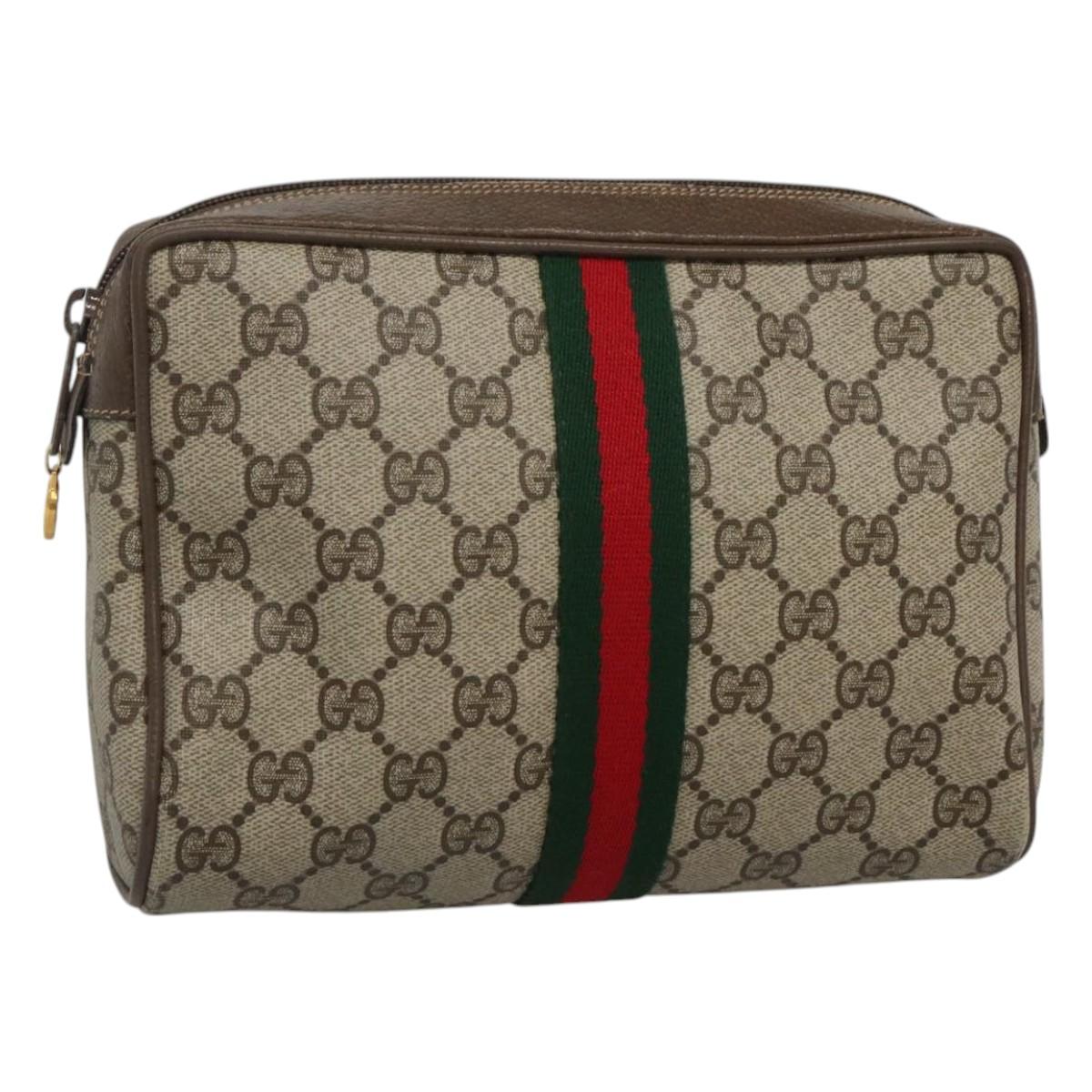 GUCCI GG Supreme Web Sherry Line Clutch Bag PVC Beige Gold 22 01 012 Auth BA1513