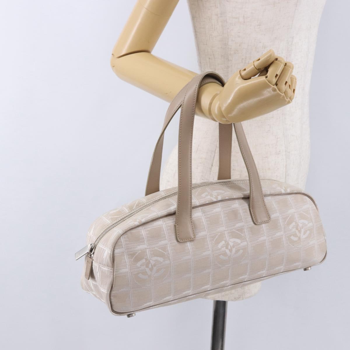 CHANEL New Travel Line Hand Bag Nylon Ivory Silver CC Auth BA15135A