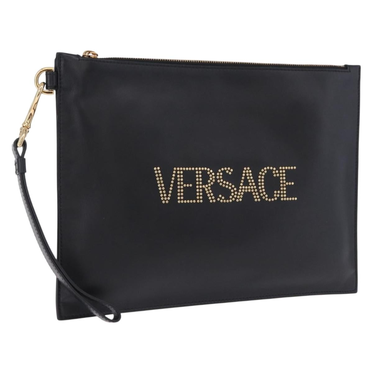 VERSACE Clutch Bag Leather Black Gold Auth BA15138A