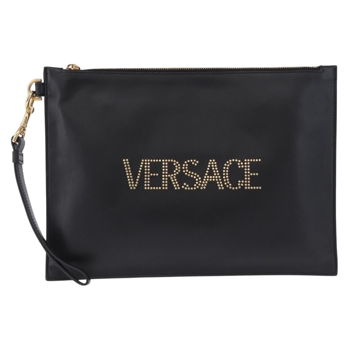 VERSACE Clutch Bag Leather Black Gold Auth BA15138A