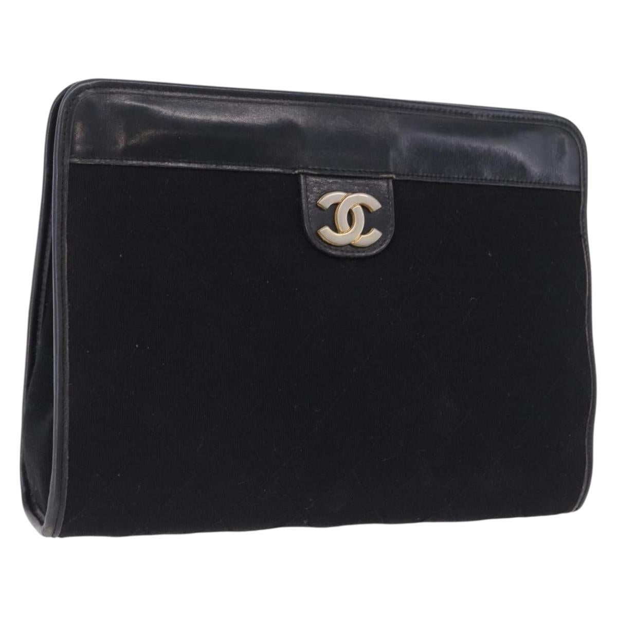CHANEL Matelasse Clutch Bag Cotton Black Gold CC Auth BA15140
