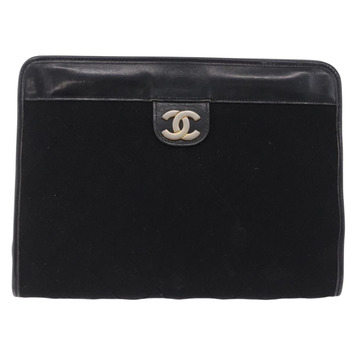 CHANEL Matelasse Clutch Bag Cotton Black Gold CC Auth BA15140