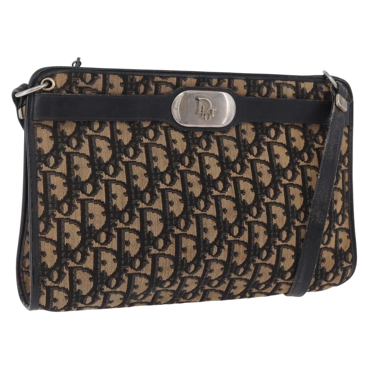 Christian Dior Trotter Canvas Shoulder Bag Navy Gold Auth BA15147