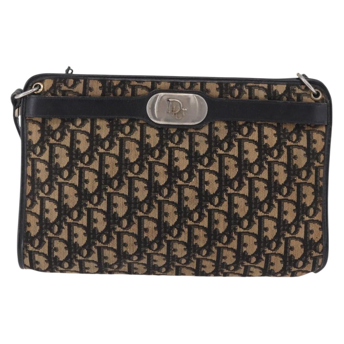 Christian Dior Trotter Canvas Shoulder Bag Navy Gold Auth BA15147