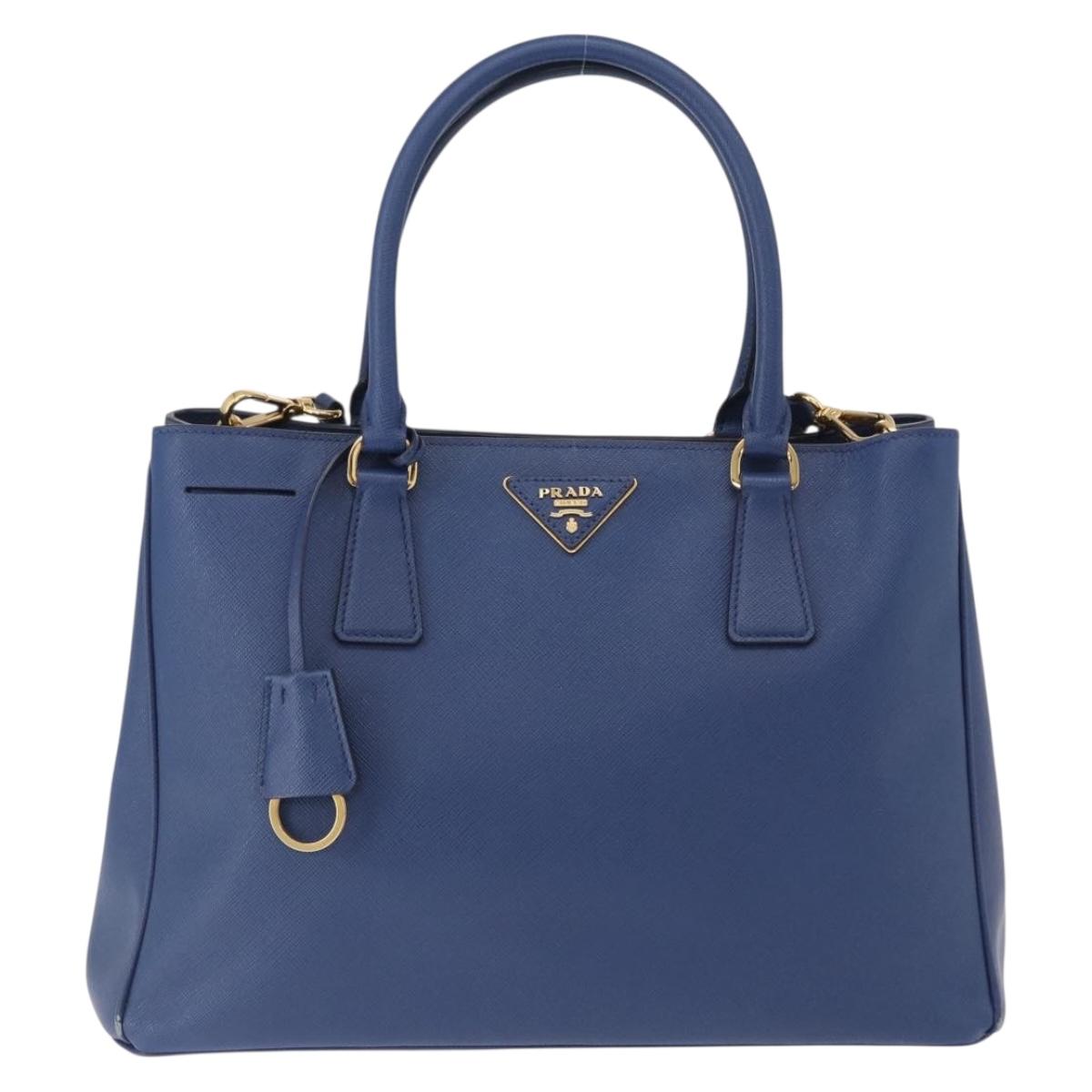 PRADA Hand Bag Safiano Leather 2way Blue Gold Auth BA15150V