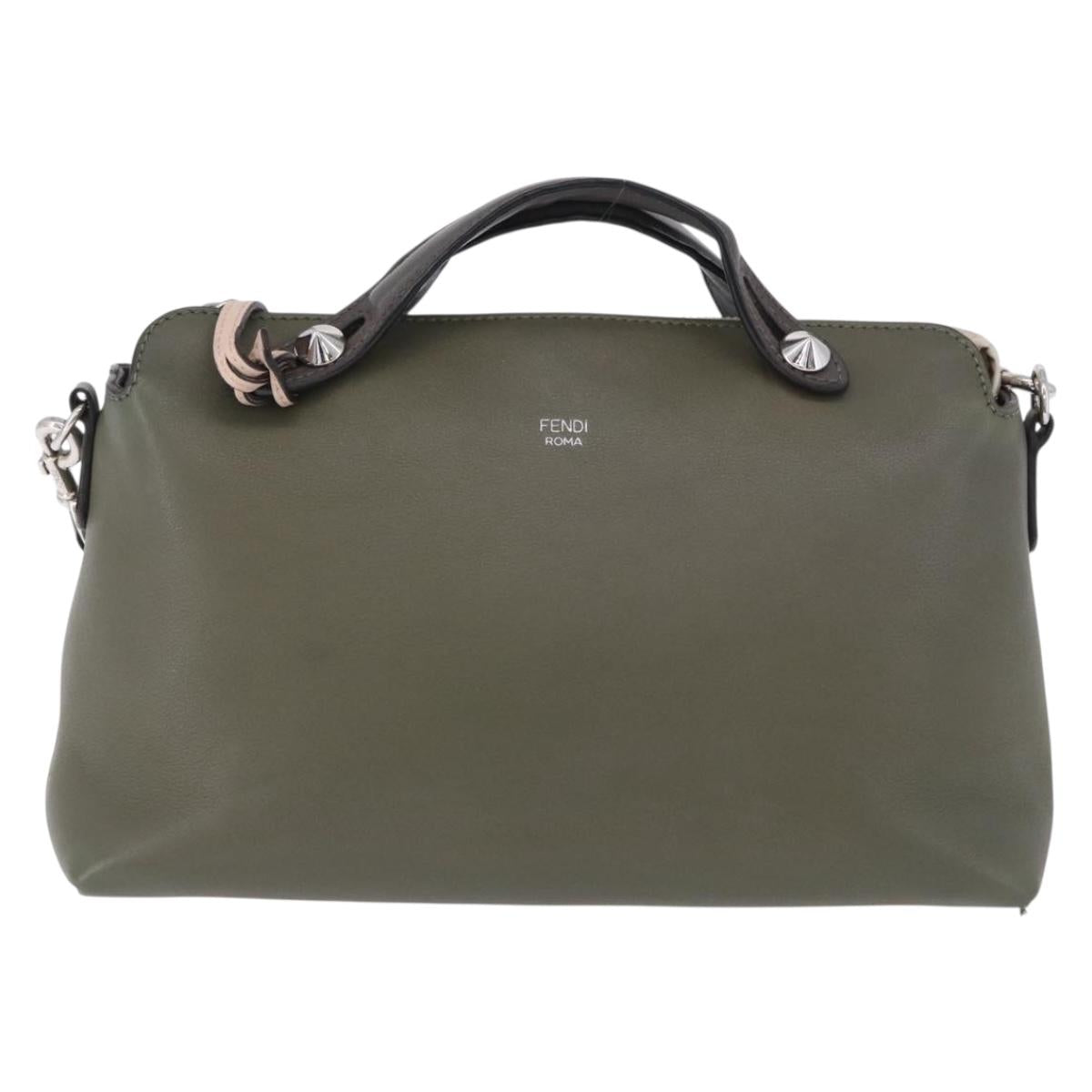 FENDI By The Way Hand Bag Leather 2way Khaki Silver Auth BA15154A