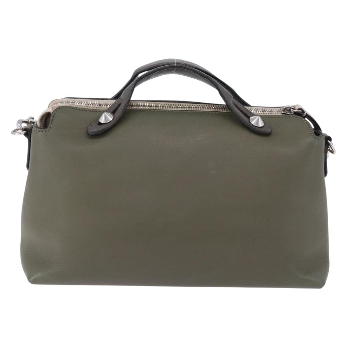 FENDI By The Way Hand Bag Leather 2way Khaki Silver Auth BA15154A