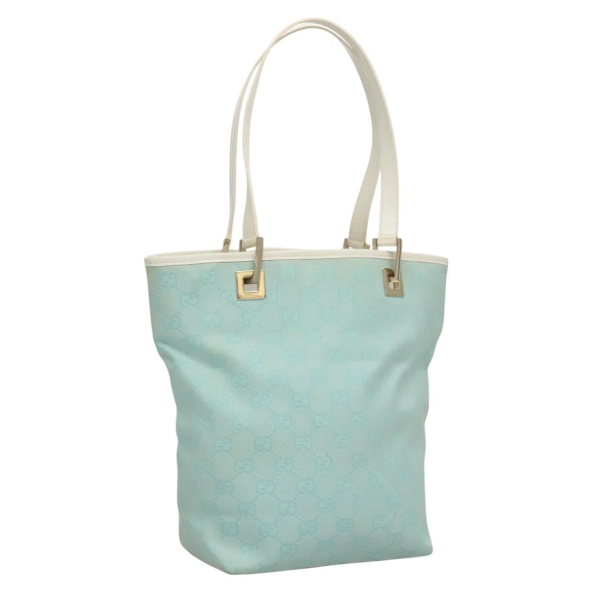 GUCCI GG Canvas Tote Bag Light Blue Gold 002 1099 Auth BA1517