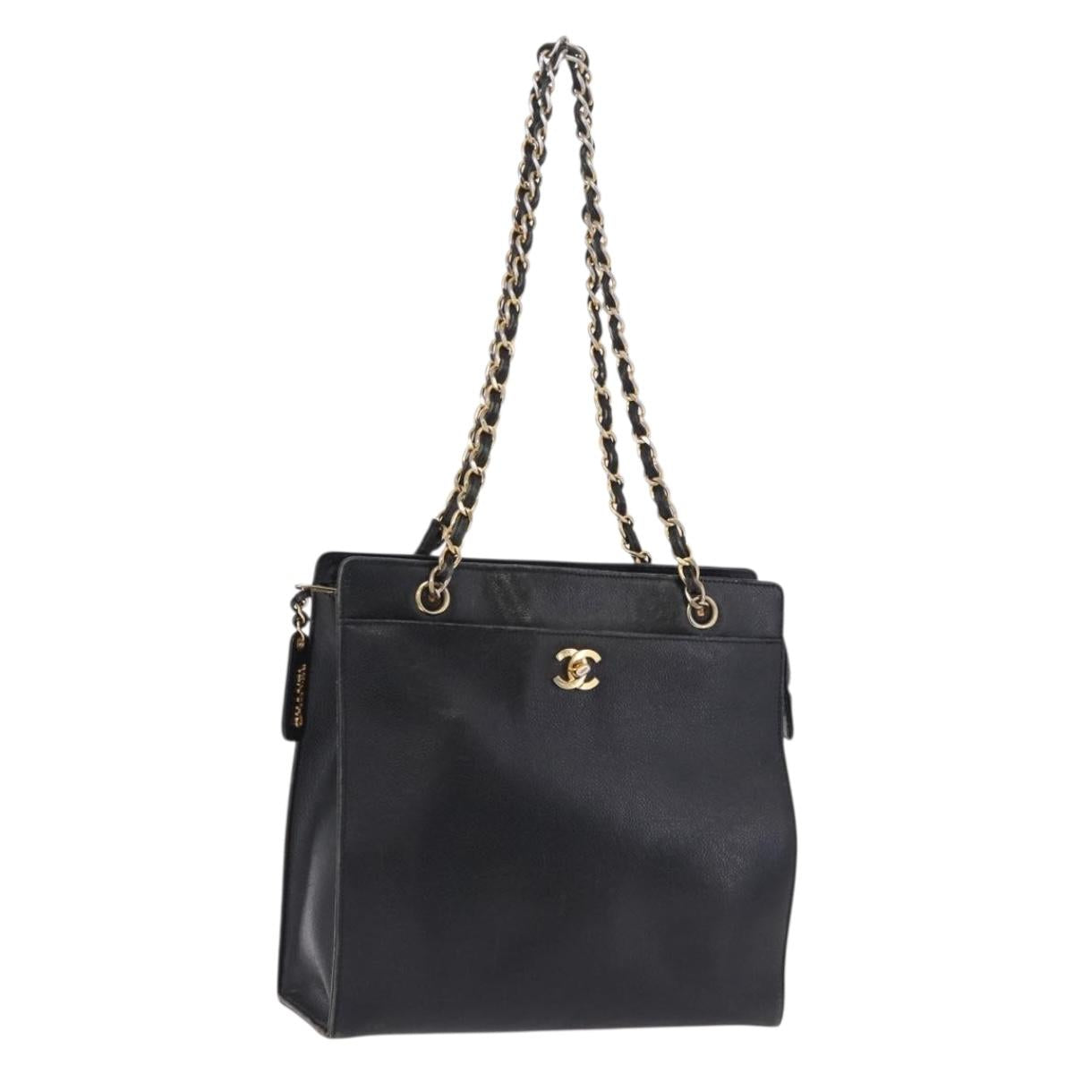 CHANEL Chain Tote Bag Caviar Skin Black Gold CC Auth BA15172