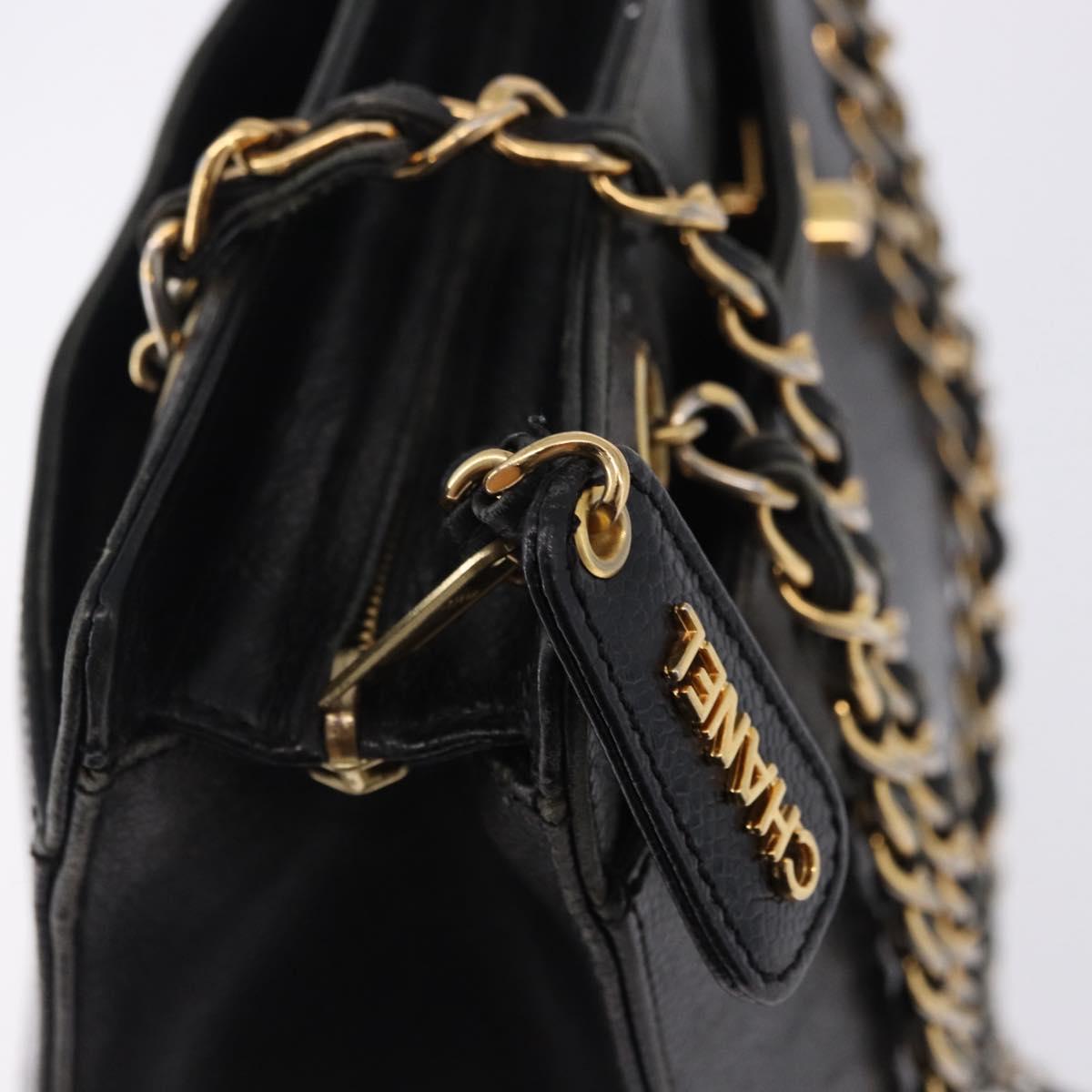 CHANEL Chain Tote Bag Caviar Skin Black Gold CC Auth BA15172