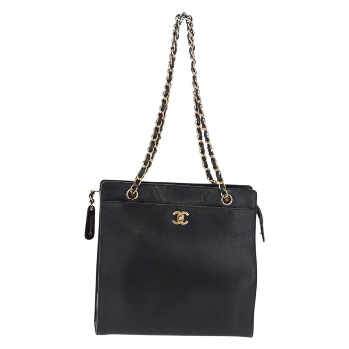 CHANEL Chain Tote Bag Caviar Skin Black Gold CC Auth BA15172