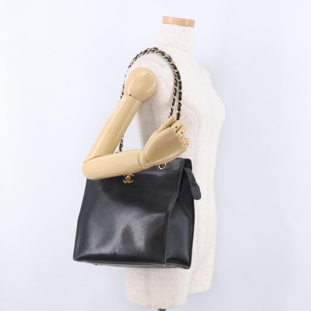 CHANEL Chain Tote Bag Caviar Skin Black Gold CC Auth BA15172