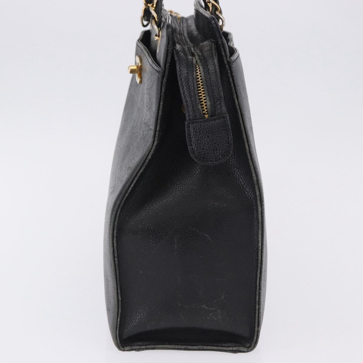 CHANEL Chain Tote Bag Caviar Skin Black Gold CC Auth BA15172