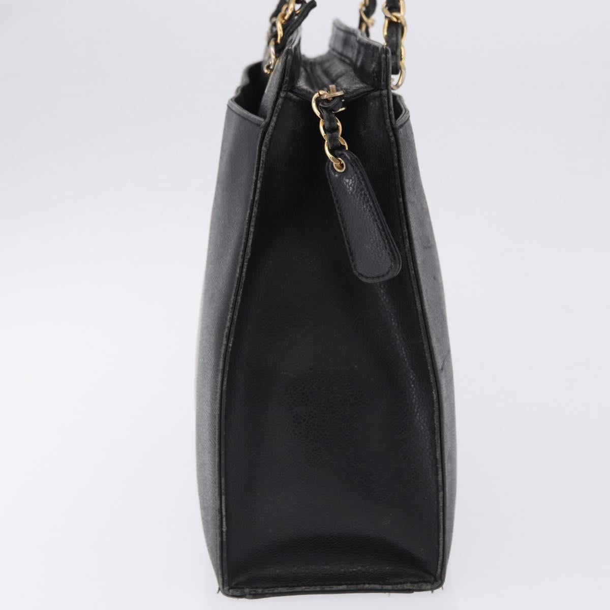 CHANEL Chain Tote Bag Caviar Skin Black Gold CC Auth BA15172