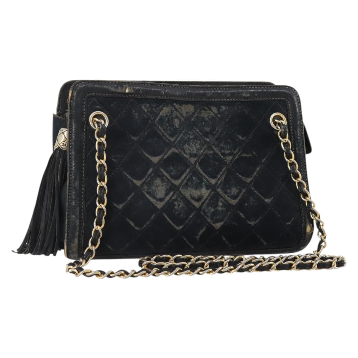 CHANEL Matelasse Chain Shoulder Bag Suede Black Gold CC Auth BA15173