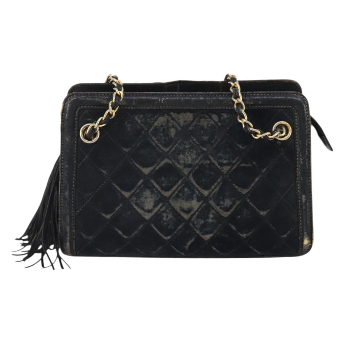 CHANEL Matelasse Chain Shoulder Bag Suede Black Gold CC Auth BA15173