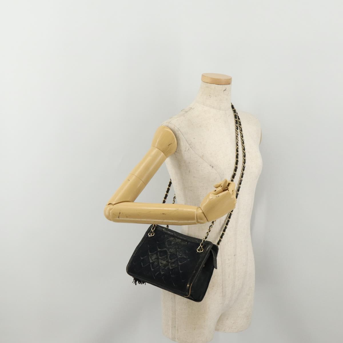 CHANEL Matelasse Chain Shoulder Bag Suede Black Gold CC Auth BA15173