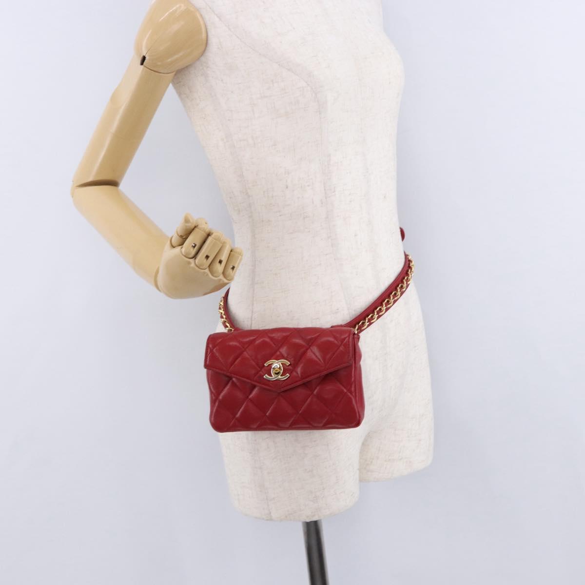 CHANEL Matelasse Waist bag Lamb Skin Red Gold CC Auth BA15205
