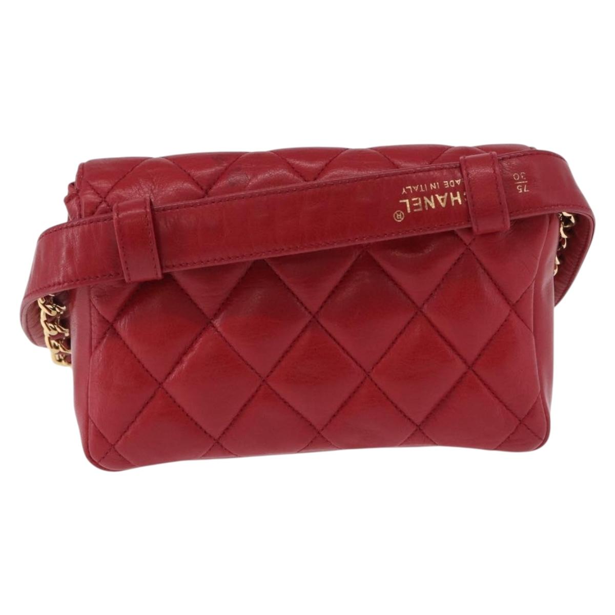CHANEL Matelasse Waist bag Lamb Skin Red Gold CC Auth BA15205