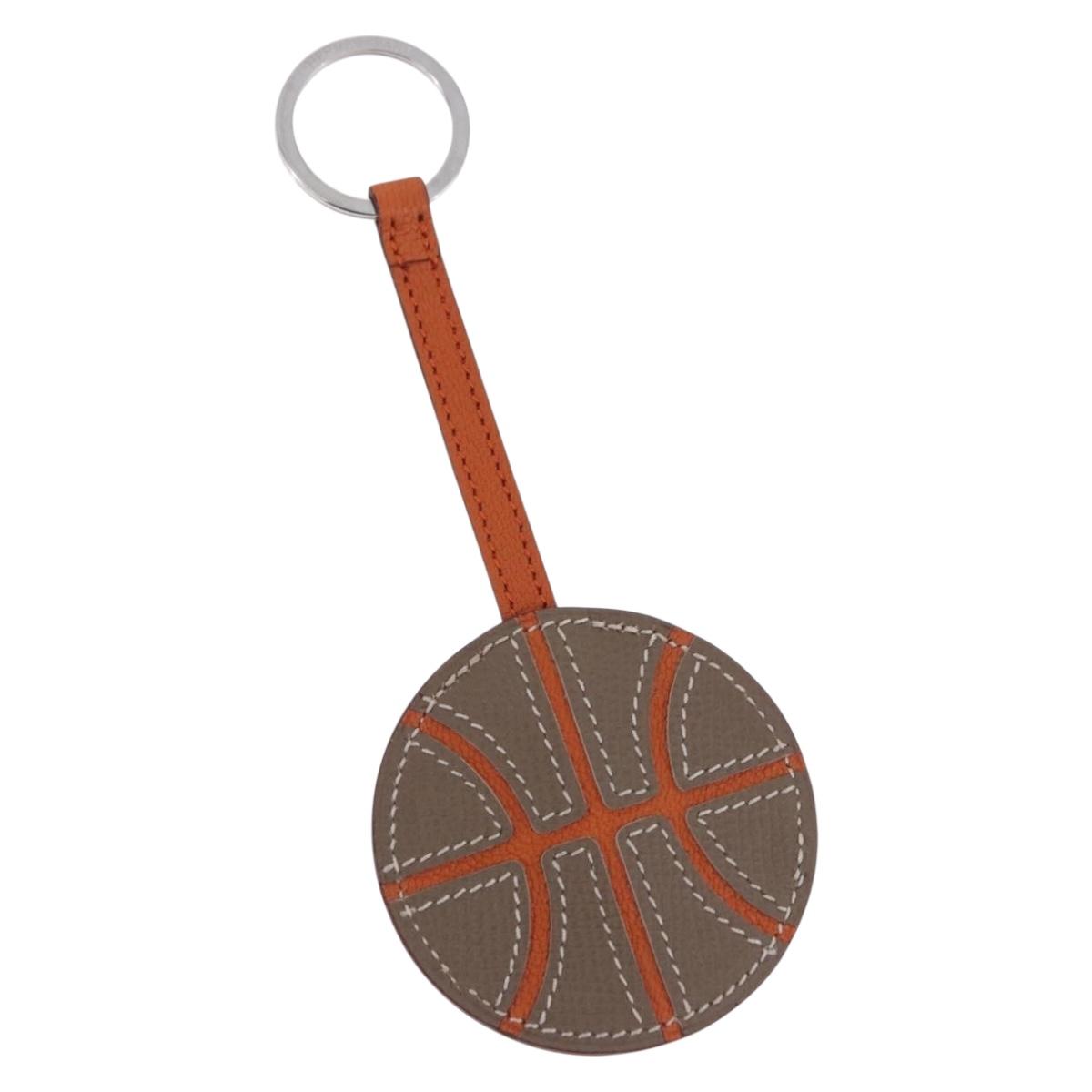 HERMES Basketball Key Ring Leather Orange Silver Auth BA15224V