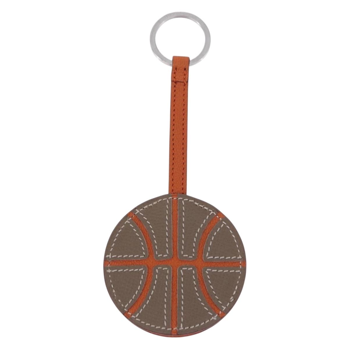 HERMES Basketball Key Ring Leather Orange Silver Auth BA15224V
