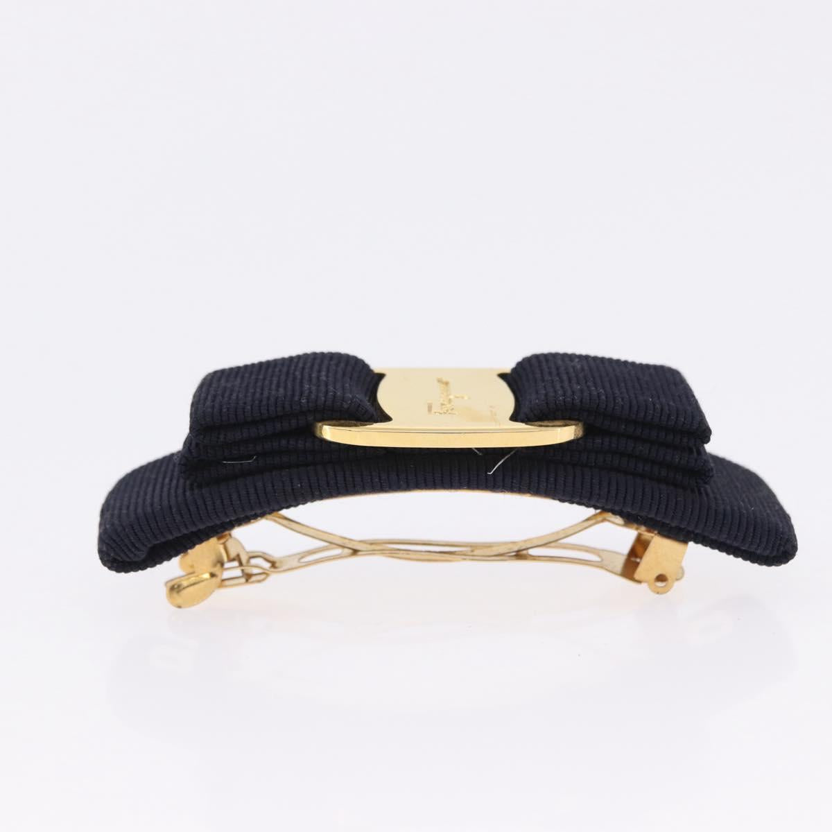 Salvatore Ferragamo Valletta Hair Clip Canvas Navy Gold Auth BA15230