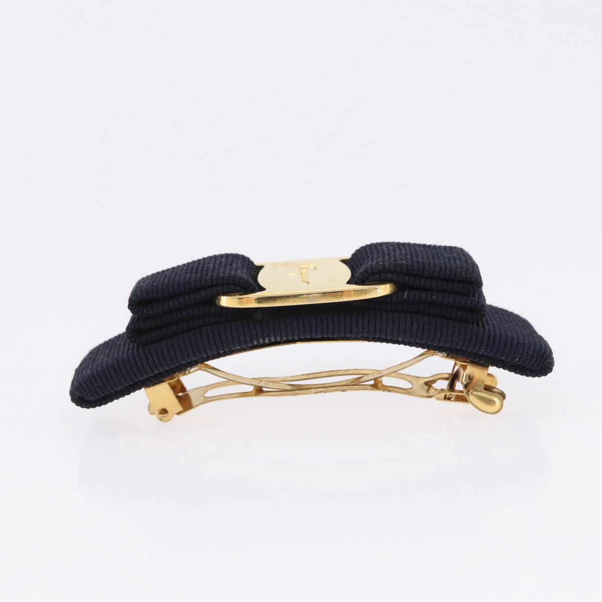 Salvatore Ferragamo Valletta Hair Clip Canvas Navy Gold Auth BA15230