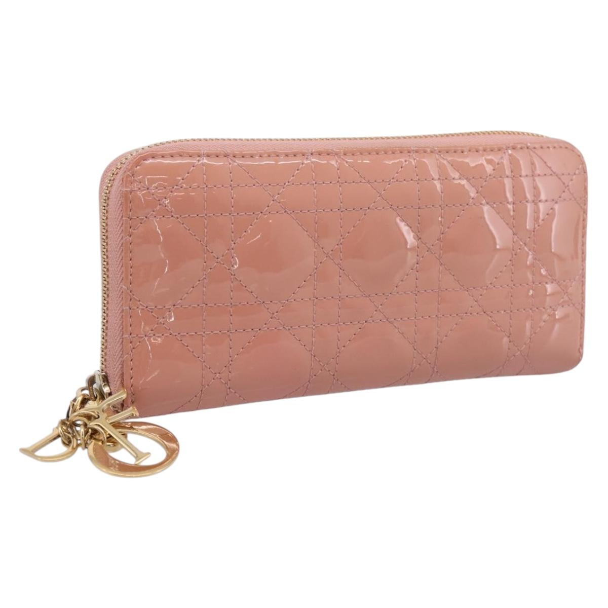 Christian Dior Lady Dior Long Wallet Patent leather Pink Auth BA15236V
