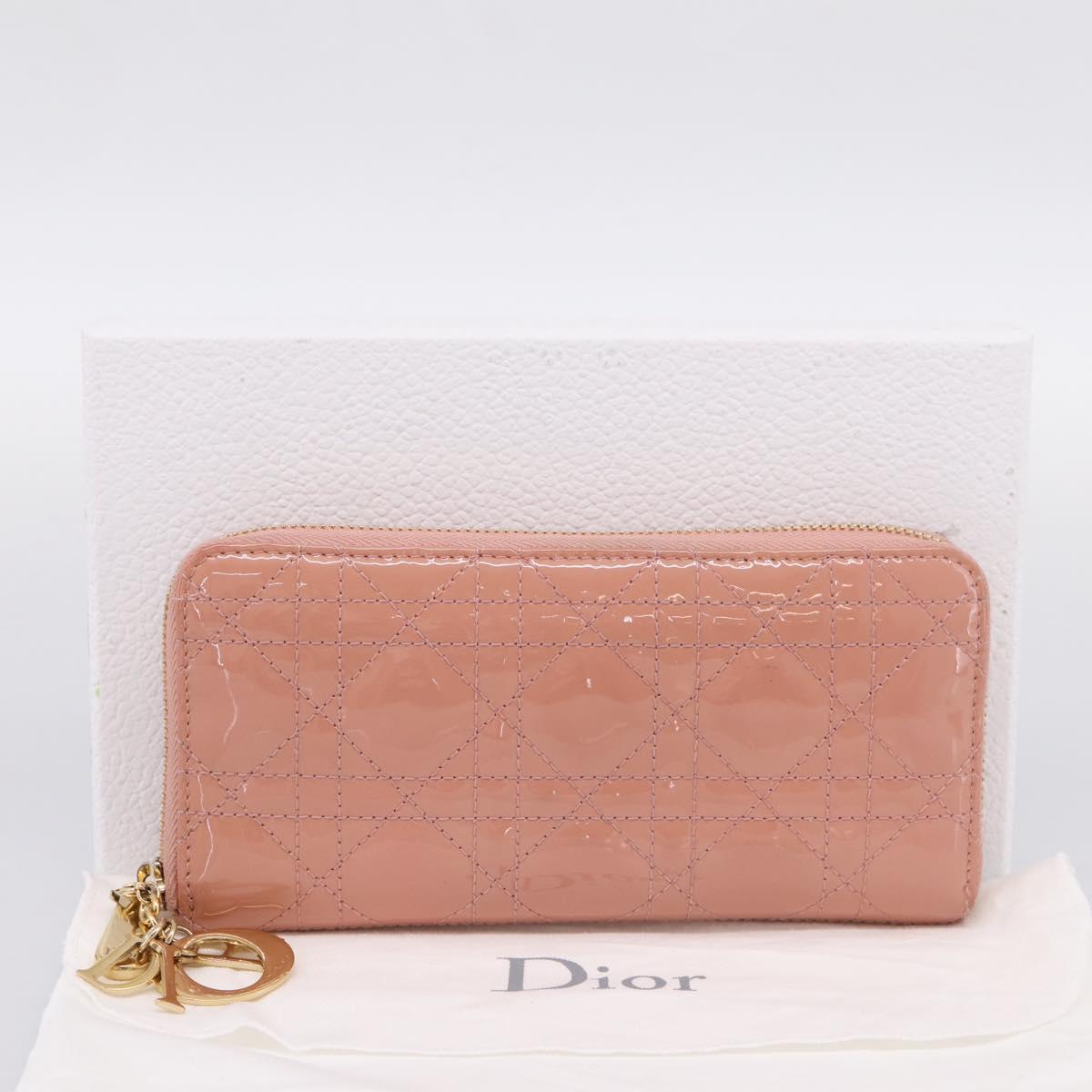 Christian Dior Lady Dior Long Wallet Patent leather Pink Auth BA15236V