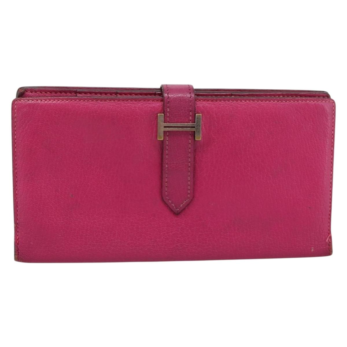 HERMES Bearn Soufflet Wallet Leather Pink Auth BA15253