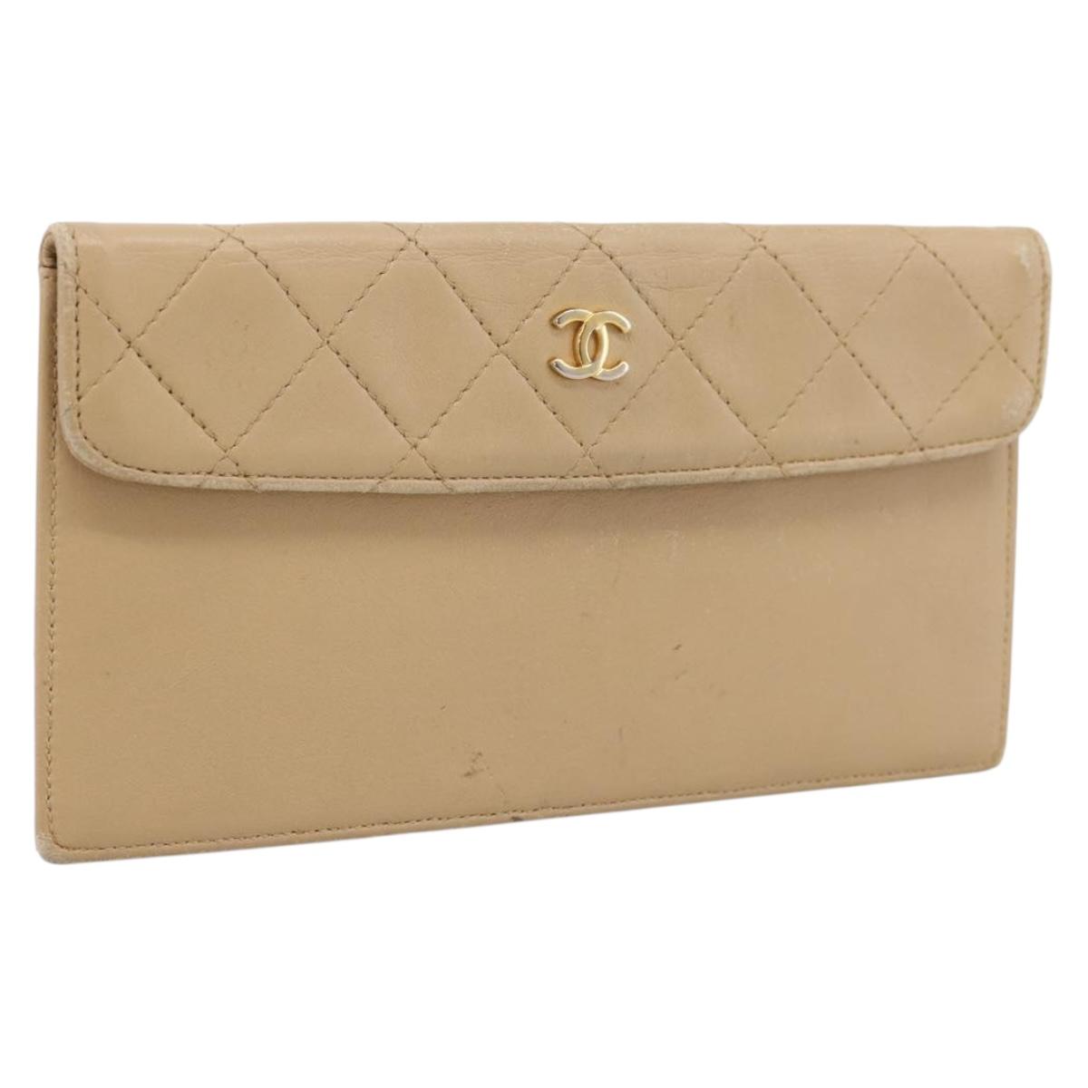CHANEL Matelasse Long Wallet Lamb Skin Beige Gold CC Auth BA15254