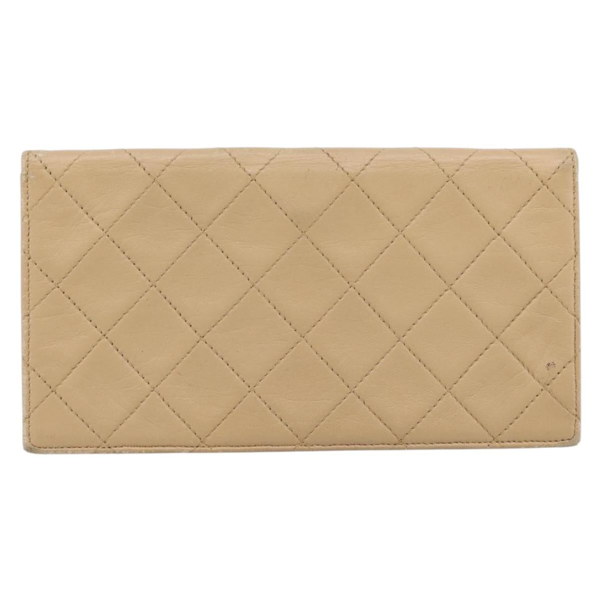 CHANEL Matelasse Long Wallet Lamb Skin Beige Gold CC Auth BA15254
