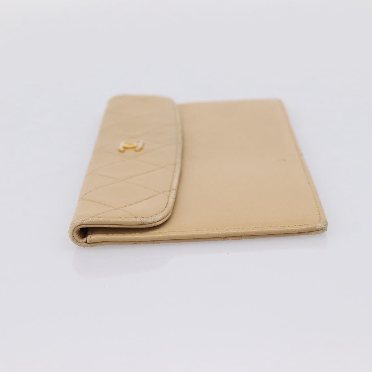 CHANEL Matelasse Long Wallet Lamb Skin Beige Gold CC Auth BA15254