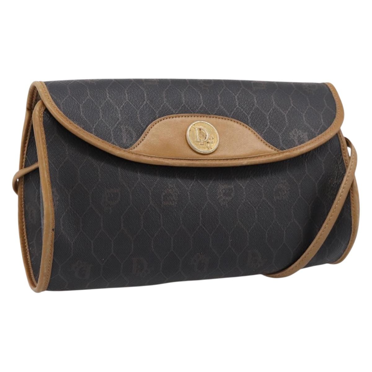 Christian Dior Honeycomb Canvas Shoulder Bag PVC Black Gold Auth BA15258